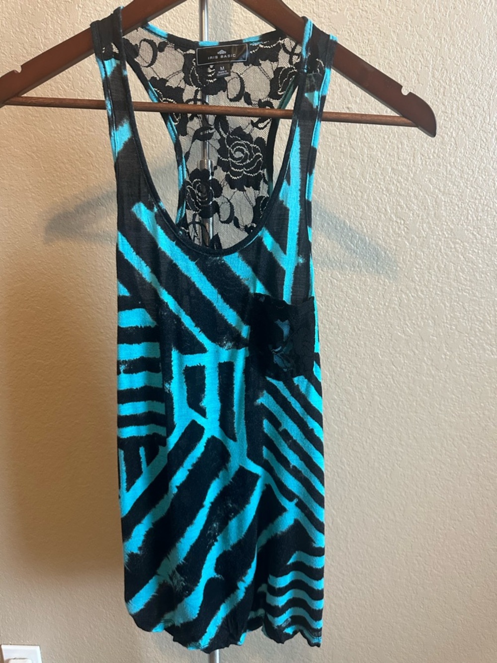IBasic Turquoise and Black Striped Lace-Back Tank